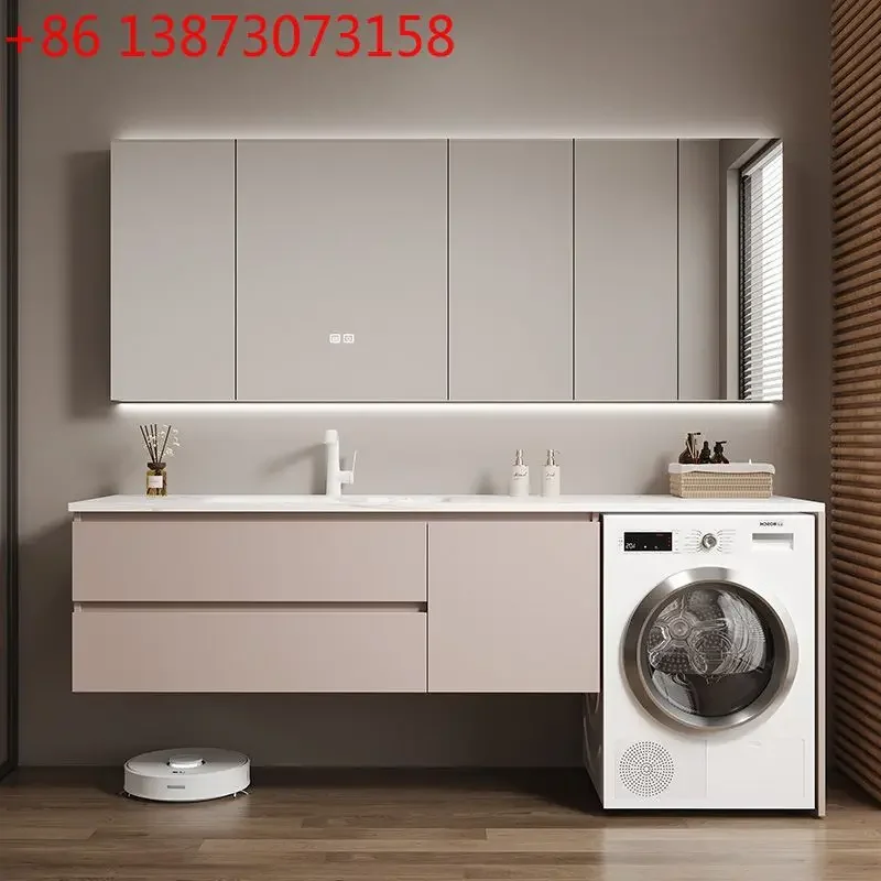 

Solid wood lacquered rock slab hot bending integrated washing machine seamless bathroom cabinet combined bathroom washbasin