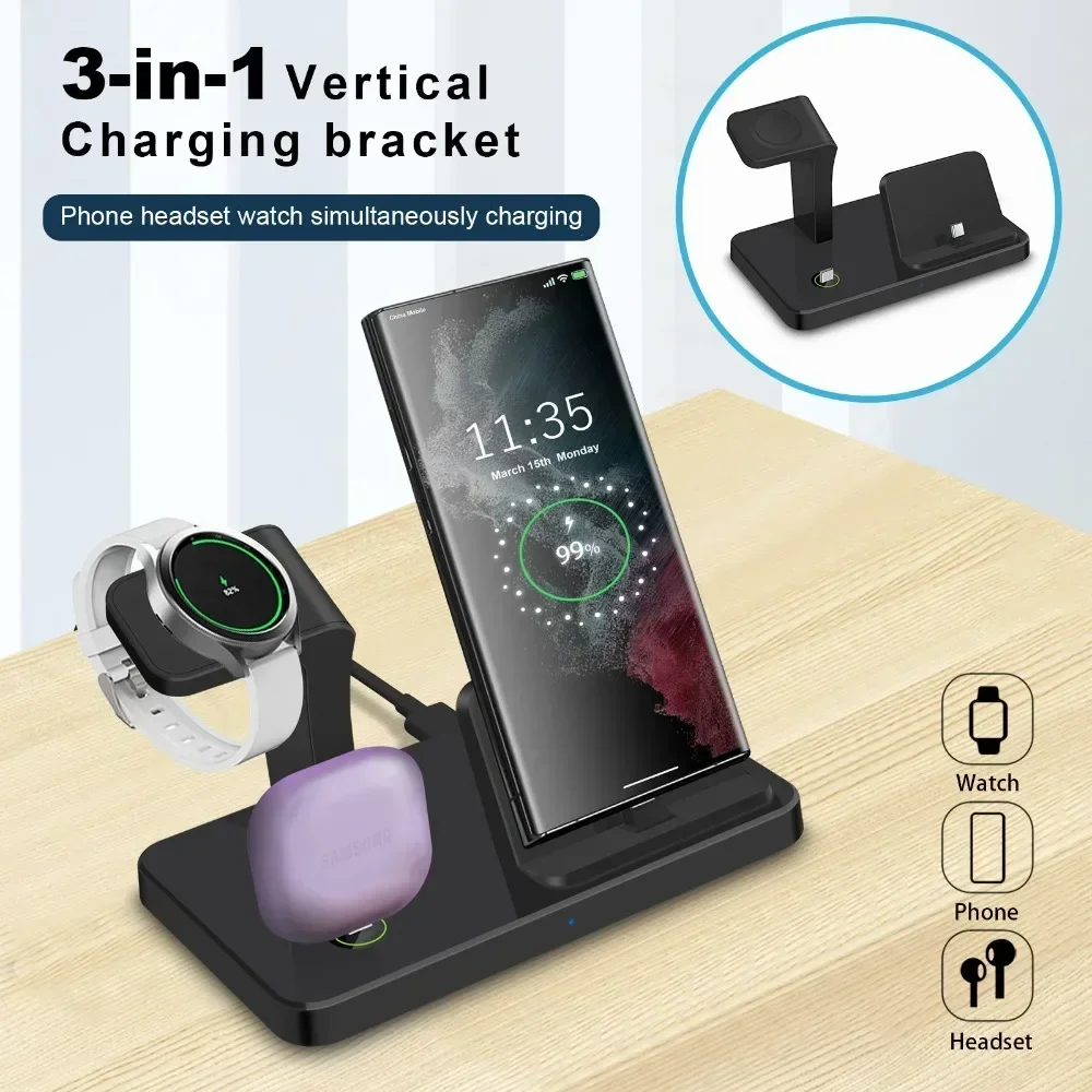 3-in-1 Kabelloses Ladegerät für Samsung S25 S24 S23 für Galaxy Watch 8 7 6 5 Pro 4 3 Buds 3 Duale Typ-C-Anschlüsse Schnelle Ladestation – Detail 1