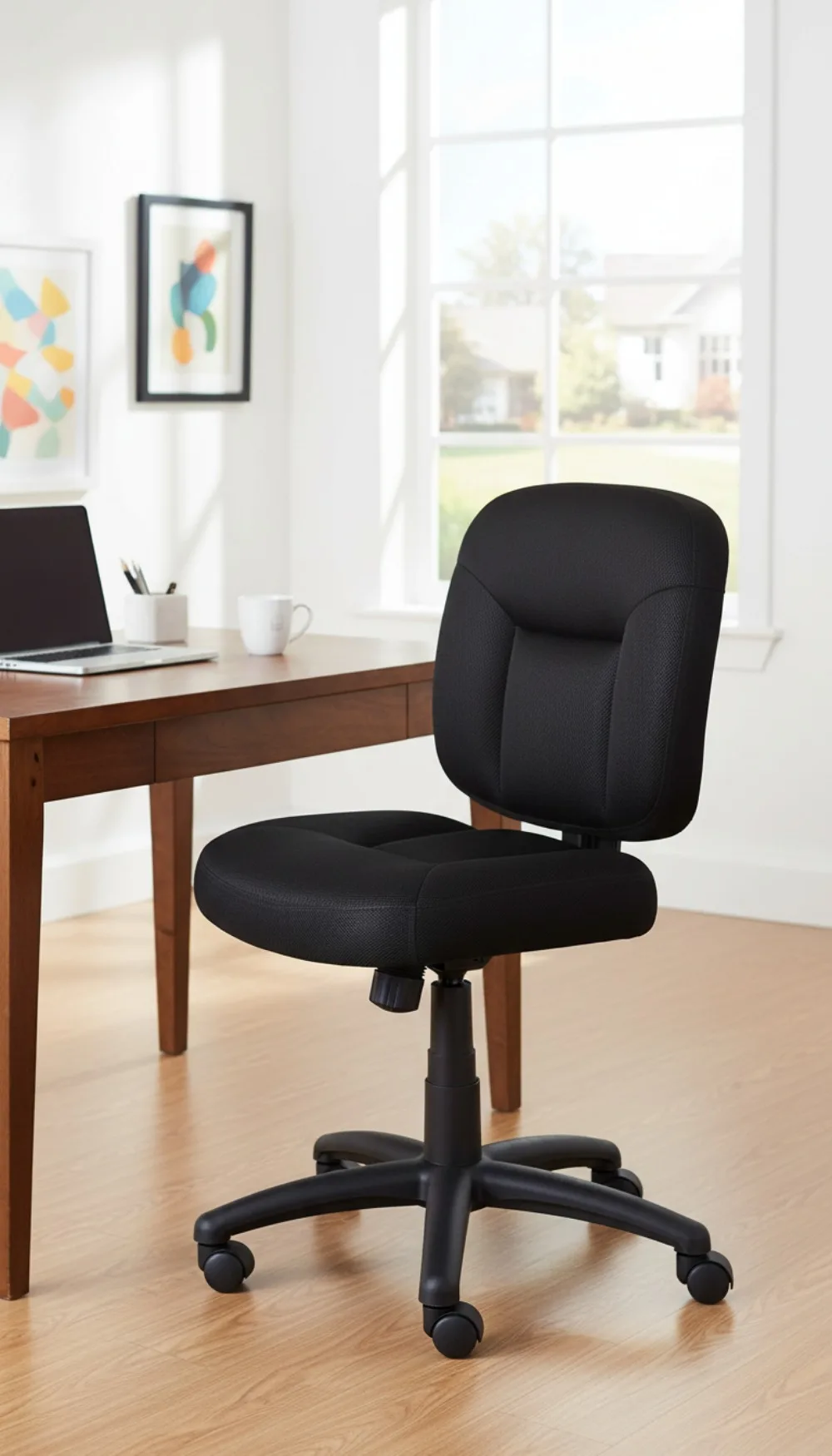 

Эргономичное офисное кресло с регулируемой высотой, поворотом на 360 градусов, тканевой обивкой и гладкими роликами - черный