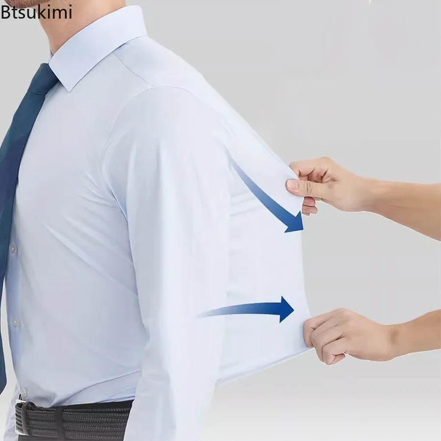 عالية الجودة الرجال قميص الصلبة مرونة المضادة للتجاعيد غير الكي سليم موضة عادية الأعمال مكتب فستان بكم طويل قميص