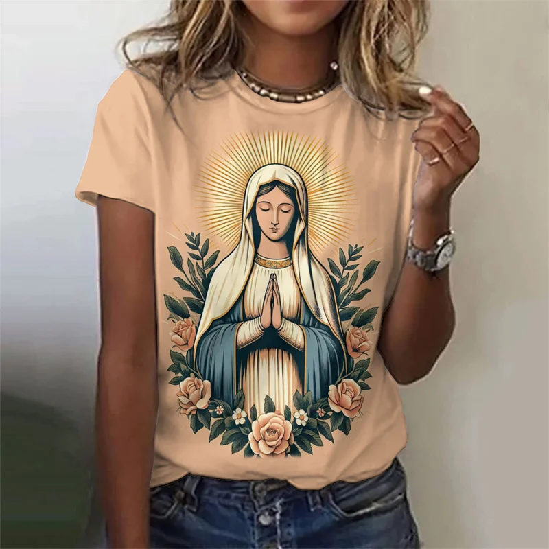 Virgin Mary Pattern T-Shirt For Women Sacred Christianity 3D Print T Shirts Summer Fashion Street Tees Short Sleeves O-Neck Tops