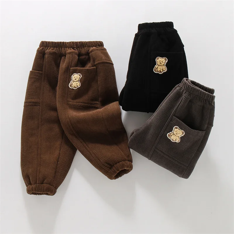 2024 Ins Autumn Winter Kids Baby Boys Trousers Cartoon Bear Fleece Thickened Warm Children Boys Jogger Pants Toddler Boys Pants