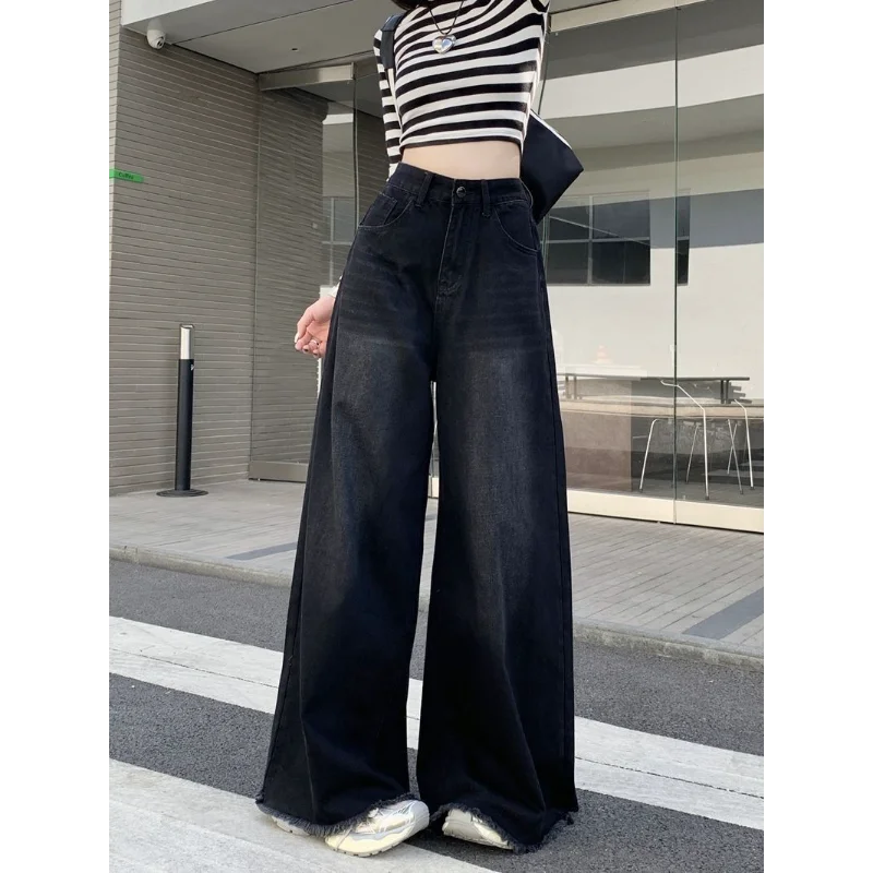Retro Fur Edgeขากว้างขากว้างผู้หญิงฤดูใบไม้ร่วงใหม่เอวสูงSlim Droopingชั้นกางเกง