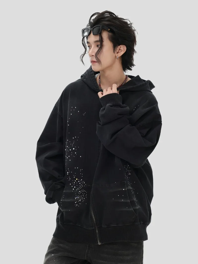 American High Street Fashion Trend Heavy-duty Rhinestone Cardigan Denim Sweatshirt Loose Casual Zipper Hooded Jacket for Men