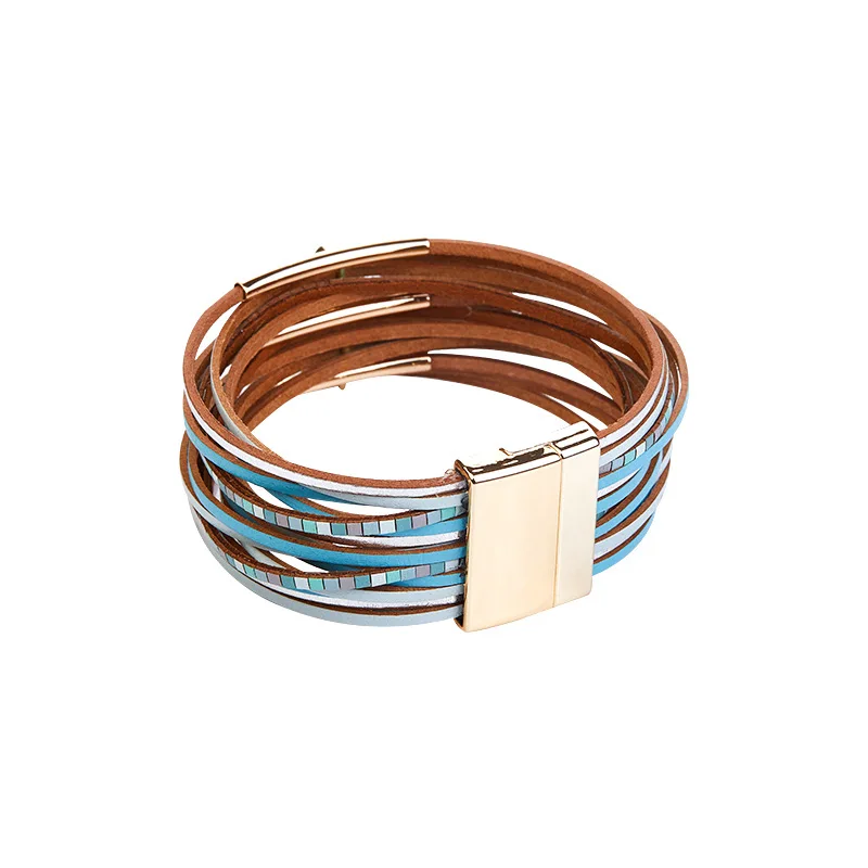 Bohemian Style Multilayer Leather Bracelets for Women Fashion Jewellery Hand Woven Leather Wide Magnet Clasp Female Bangle