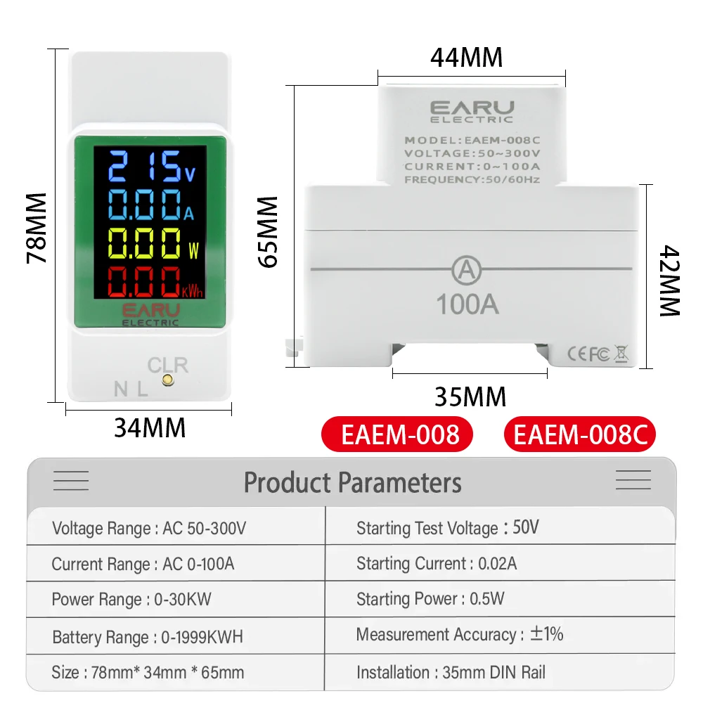 100A AC 50-300V Din Rail Electricity Digital Power Energy Meter Watt Kwh Wattmeter Monitor Ammeter Voltmeter With Energy Zeroing