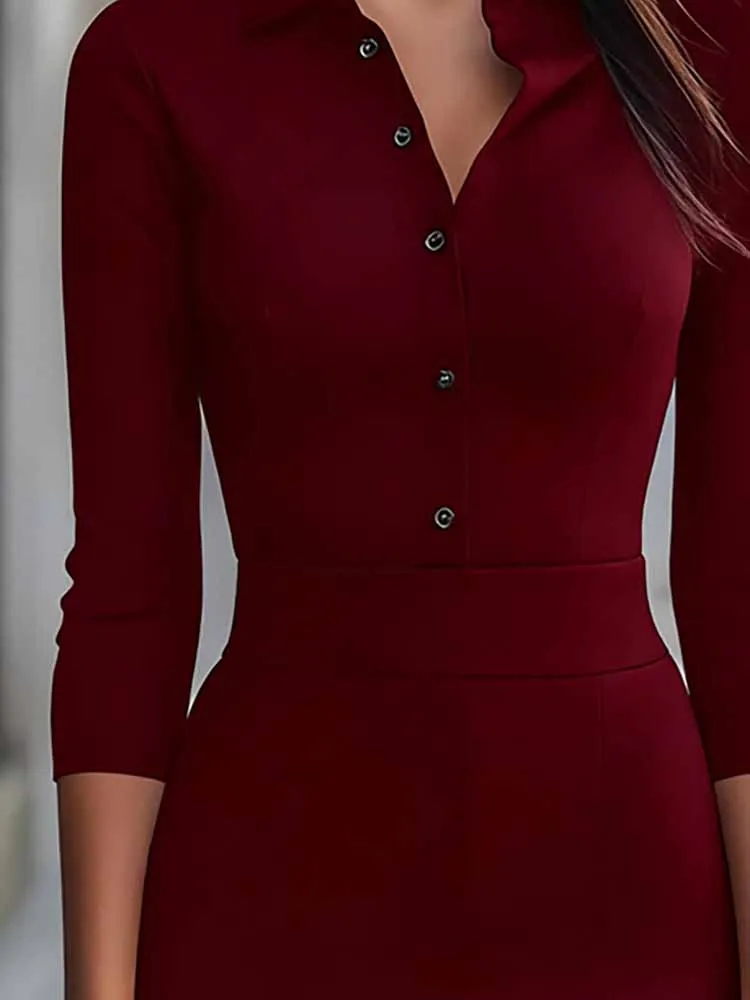 مزاجه عالية الخصر لون نقي التفاف الوركين فستان موضة التلبيب كم طويل Bodycon فستان أنيق سيدة زر تخفيف فستان ميدي