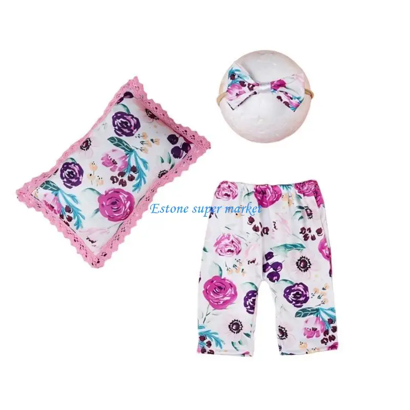 090B Baby Photography Suit Floral Pants Soft Pillow Photo Headband Baby Photo Costume
