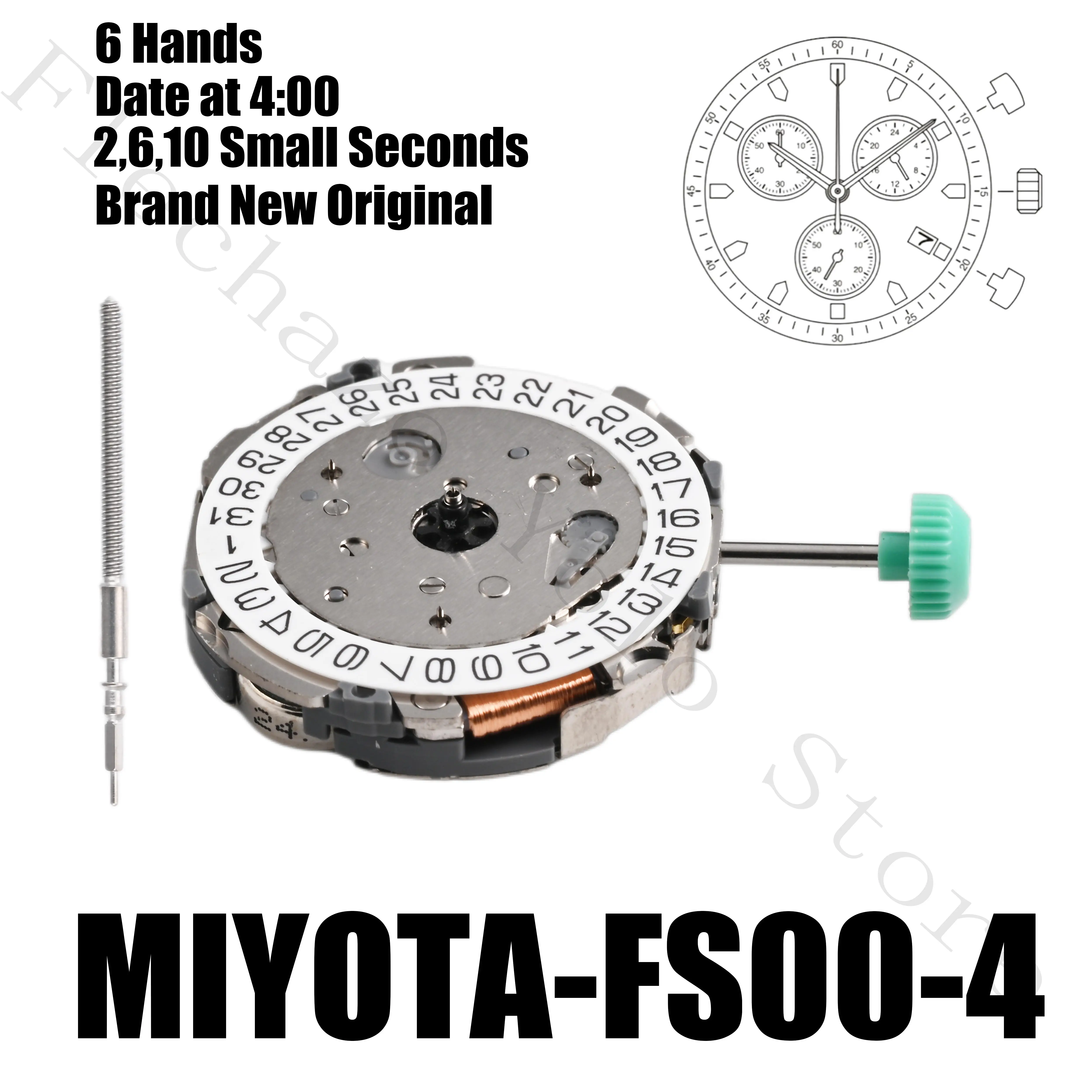 Механизм FS00, Япония, механизм FS00, 6 стрелок, 2,6,10, отображение даты малых секунд, наклонный на 4:00 Механизм FS00, Япония, механизм FS00, 6 стрелок, 2,6,10, отображение даты малых секунд, наклонный на 4:00