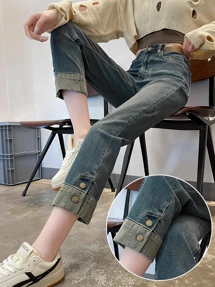 

Облегающие прямые джинсы с высокой талией в стиле ретро, женские тонкие эластичные осенние новые модные эластичные брюки с девятью точками