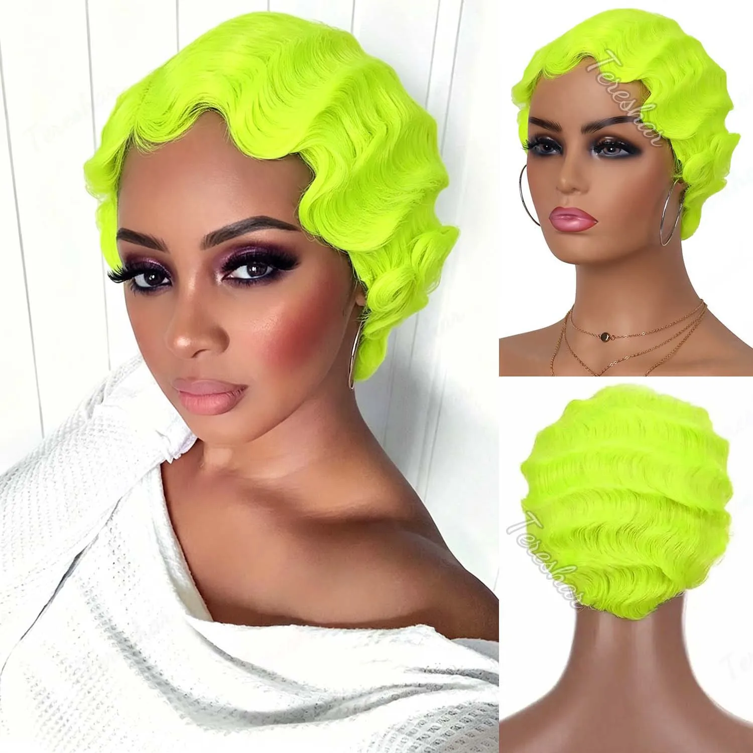 Peluca sintética ondulada para mujeres negras, peluca corta de corte pixie, peluca rizada, linda peluca Nuna, peluca Mommy, peluca de los años 20, para cosplay, fiesta de Halloween, uso diario