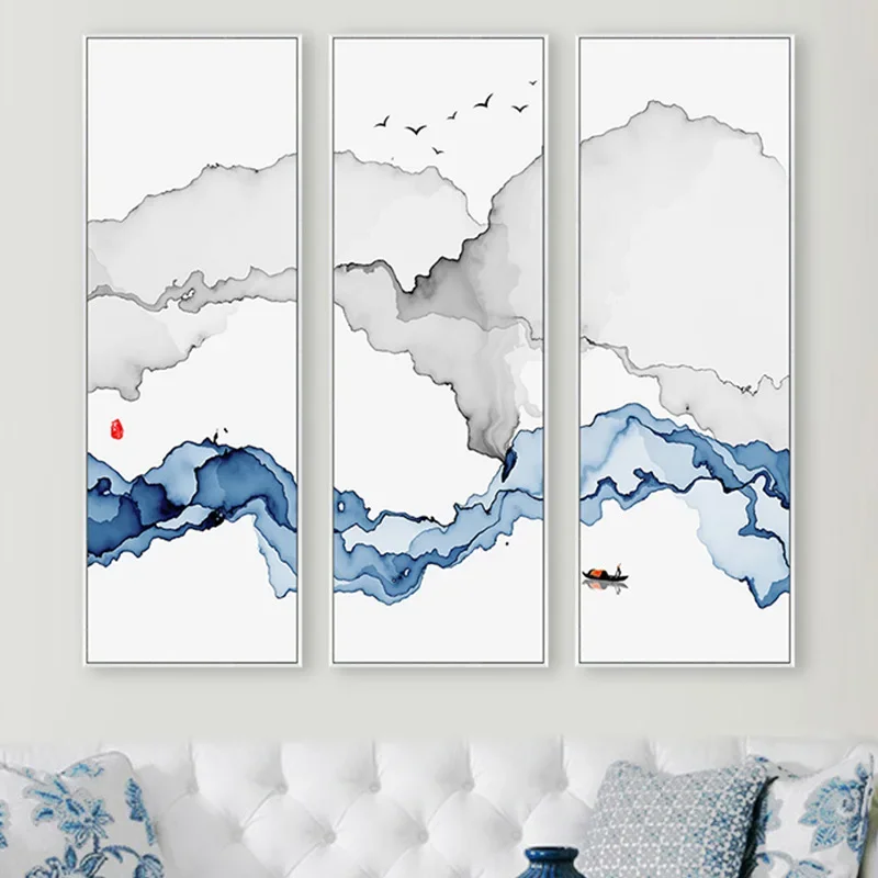 Dipinti sospesi per soggiorno, piatti verticali, paesaggio a inchiostro per trittico di studio