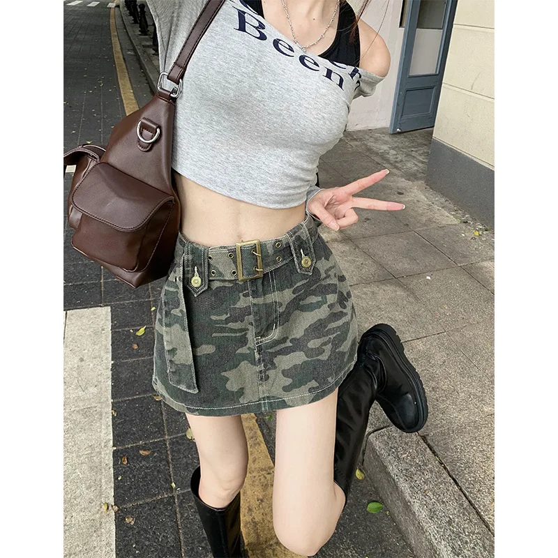 Retro Spice Girl Brown Camouflage Denim Skirt Women's Design Sense Hip Skirt
