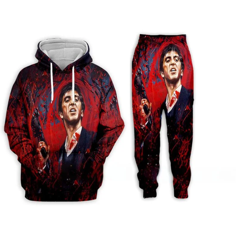 Filme scarface 3d impresso moletom com capuz + calças conjunto de treino masculino hip hop roupas terno outono inverno casual crianças moletom com capuz