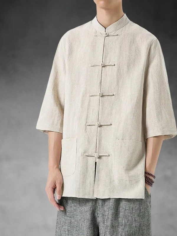 

Мужская льняная рубашка с коротким рукавом, летняя, тонкая, в стиле ретро, с китайскими пуговицами, для среднего возраста, с маленьким воротником-стойкой, в стиле Тан.