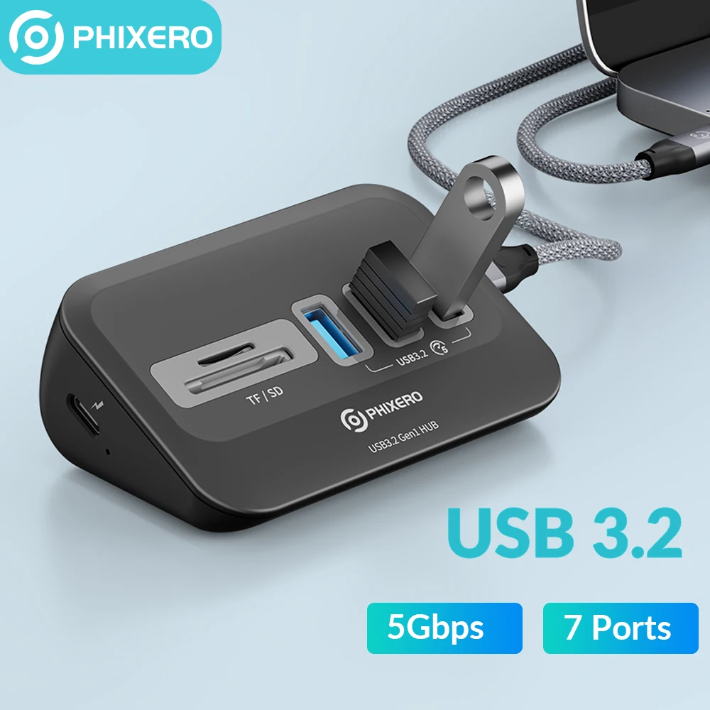 PHIXERO USB 3.2 Multiple USB A Type C Hub 7 Slot 10Gbps Socket Docking Station Multi USB 3.0 Port Splitter Extensor Dock Adapter