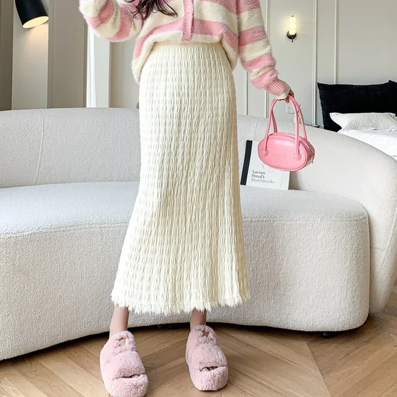 Elegant Mid Length Skirts Women Streetwear Korean Fashion Clothes Faldas Largas Autumn Winter Knitted Black Long Bodycon Skirt