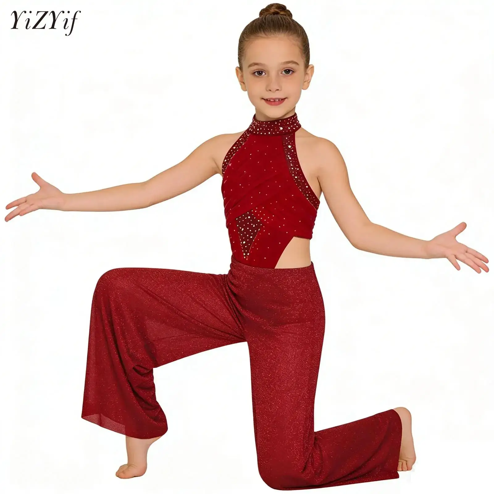 

Kids Girls Modern Lyrical Dance Costume Performance Jumpsuit Sequins Shimmery Mesh Bodysuit for Skating Gymnastics Acrobatics