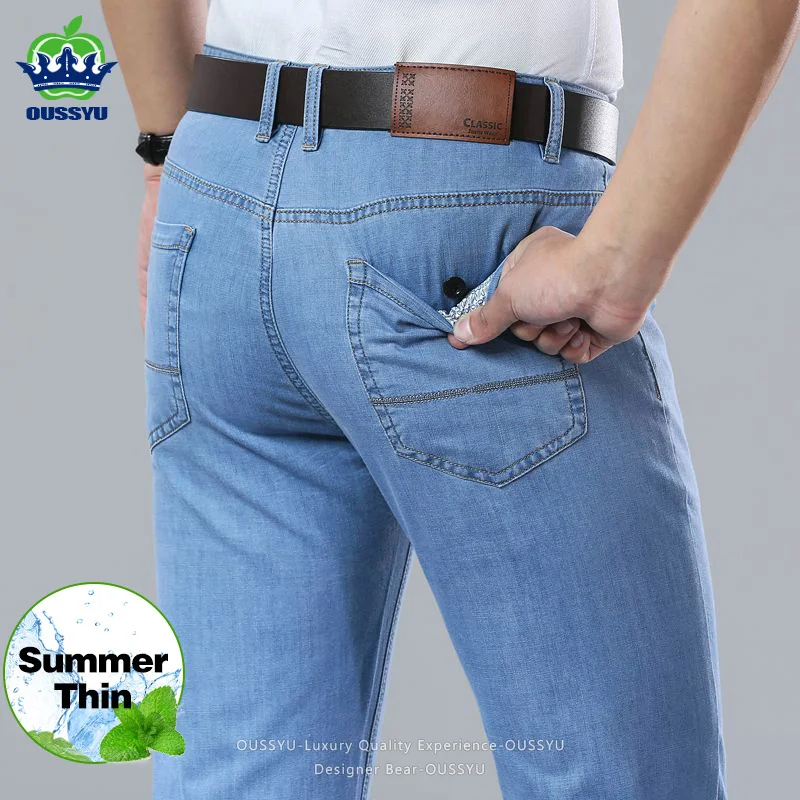 Brand Clothing Summer Thin Light Blue Men's Jeans Straight Elastic Cotton Denim Pants Casual Business Trousers Man Plus Size 40