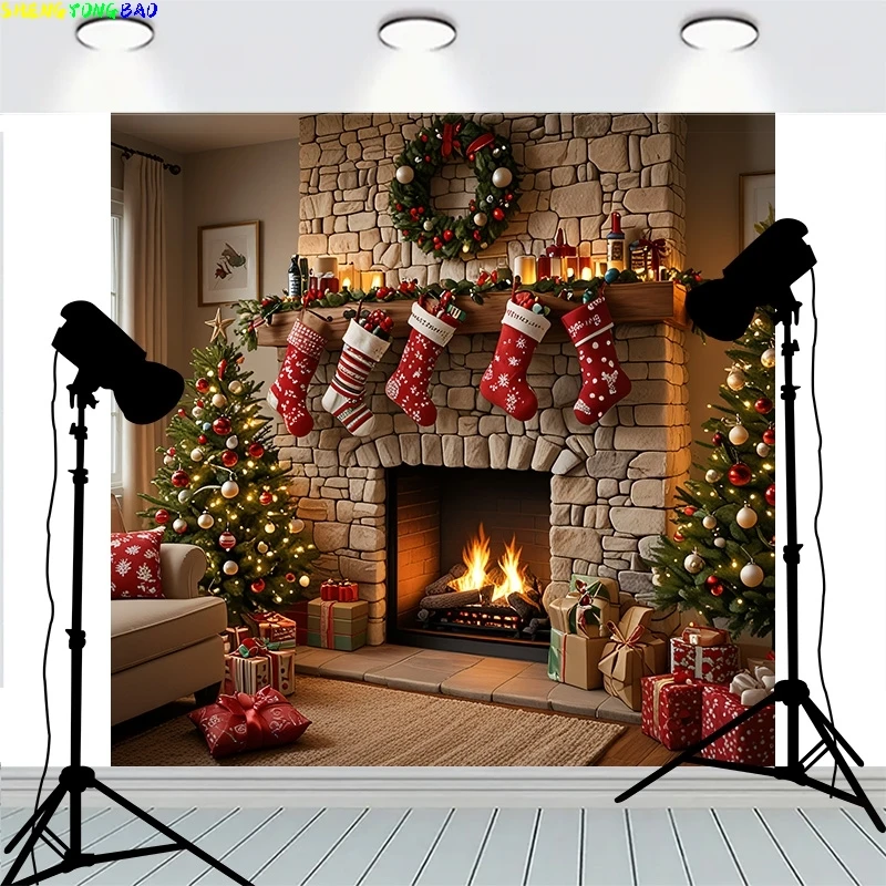 

Christmas Door Wreath Decoration Front Window Pink Flowers Background Firework Show Happy New Year Photography Backdrops MR-08