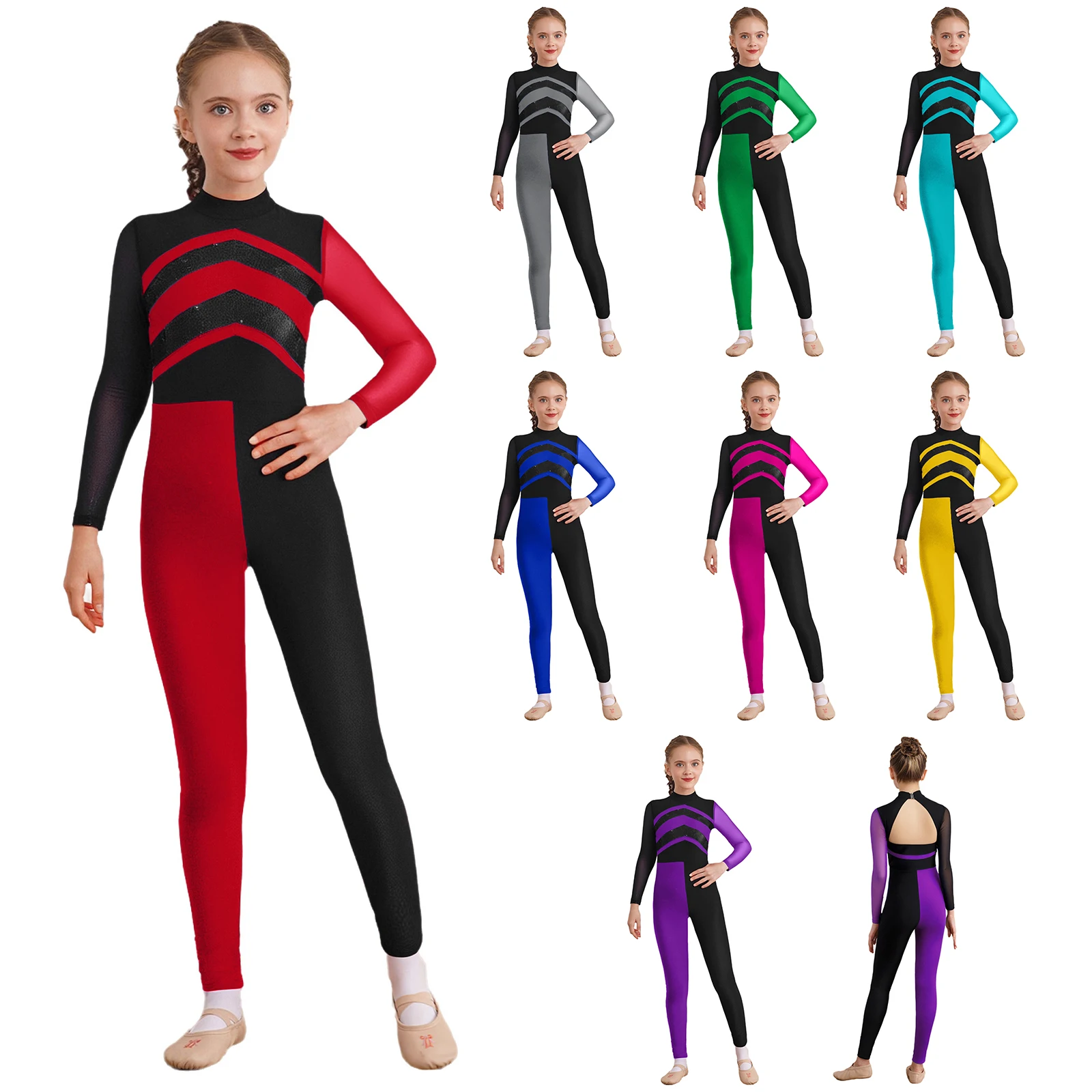 Kids Girls Ballet Gymnastics Romper Dance Performance Costume Sequins Sportswear Jumpsuit Glittery Romper for Dance Competition