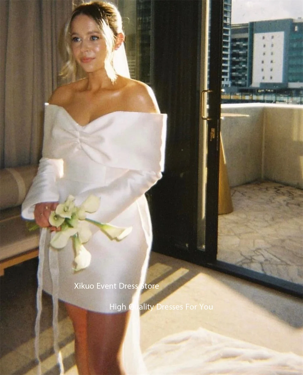 فساتين زفاف Xikuo بدون أكتاف مدنية أنيقة بفيونكة فساتين سهرة بسيطة الطول رداء De Soiree De Mariage مخصص