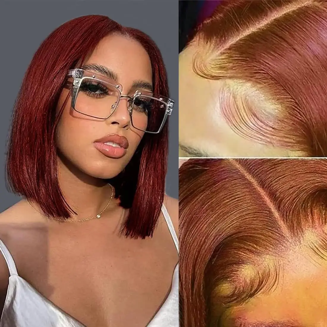 شعر مستعار قصير بني محمر للنساء ، شعر بشري ، دانتيل أمامي شفاف ، ملتف مسبقًا ، 13 × 4 ، #33 ، #1