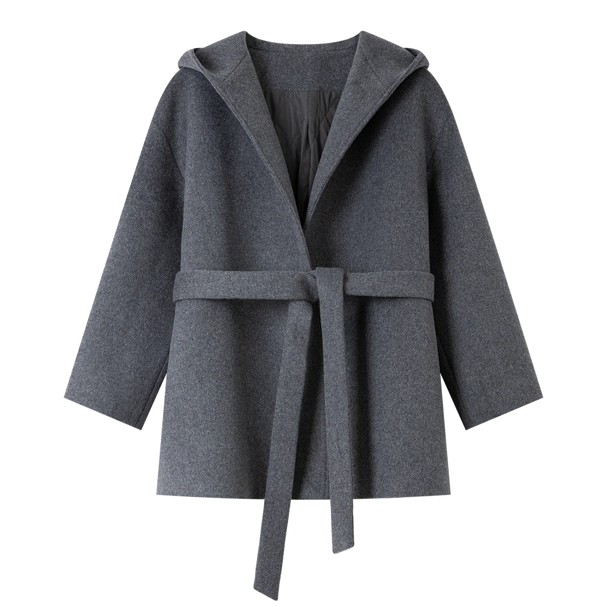 VIMLY Women's Woolen Hooded Coat 2025 Winter Casual Gray Long Female Quilted Coat Loose Sashes Vintage Ladies Outerwear M9890