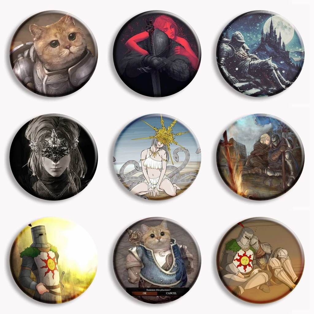 Juego Dark Souls 3 Solaire of Astora, alfileres de botón suaves, Escudo de caballero solar, Ornstein, martillo, broche, mochila, decoración, regalos