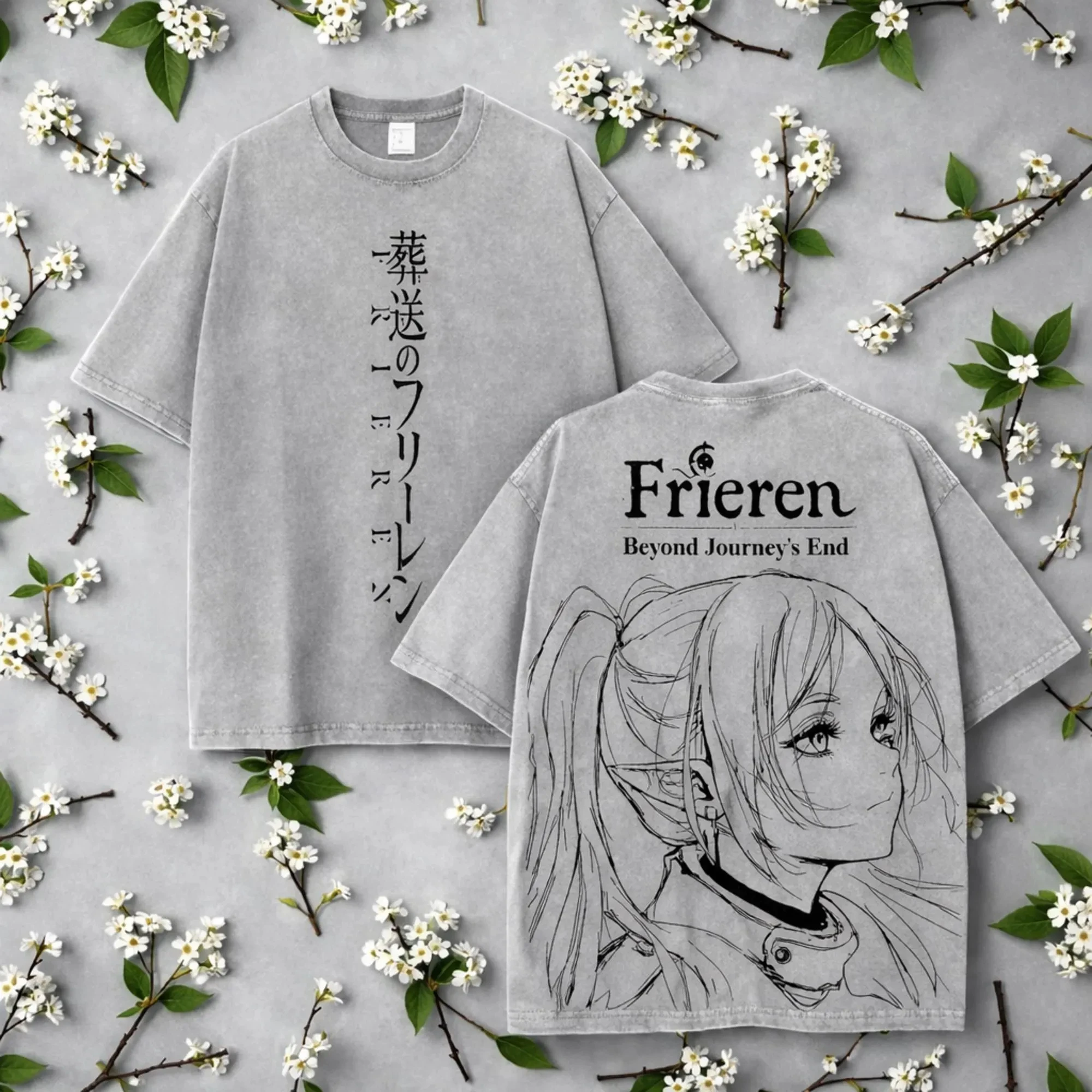 Vintage Anime Frieren Grafik-T-Shirt im Used-Look Frühling Sommer Herren Damen Baumwolle Lässiges Oversize-T-Shirt Streetwear Harajuku