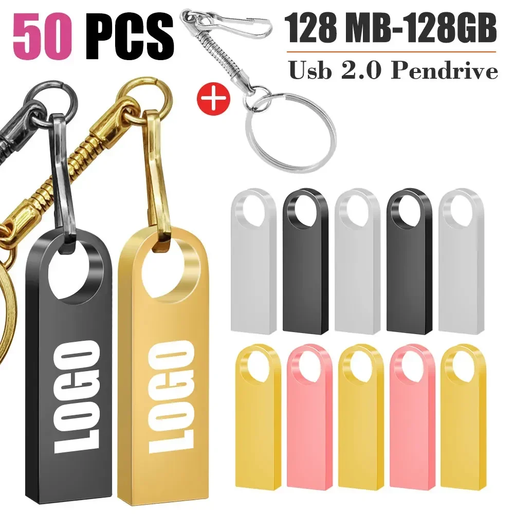 50PCS Free Custom LOGO High Speed Pen Drive USB Flash Drive 4GB 8GB 2.0 16GB 32GB 64GB 128GB Pendrive metal usb sticks with key