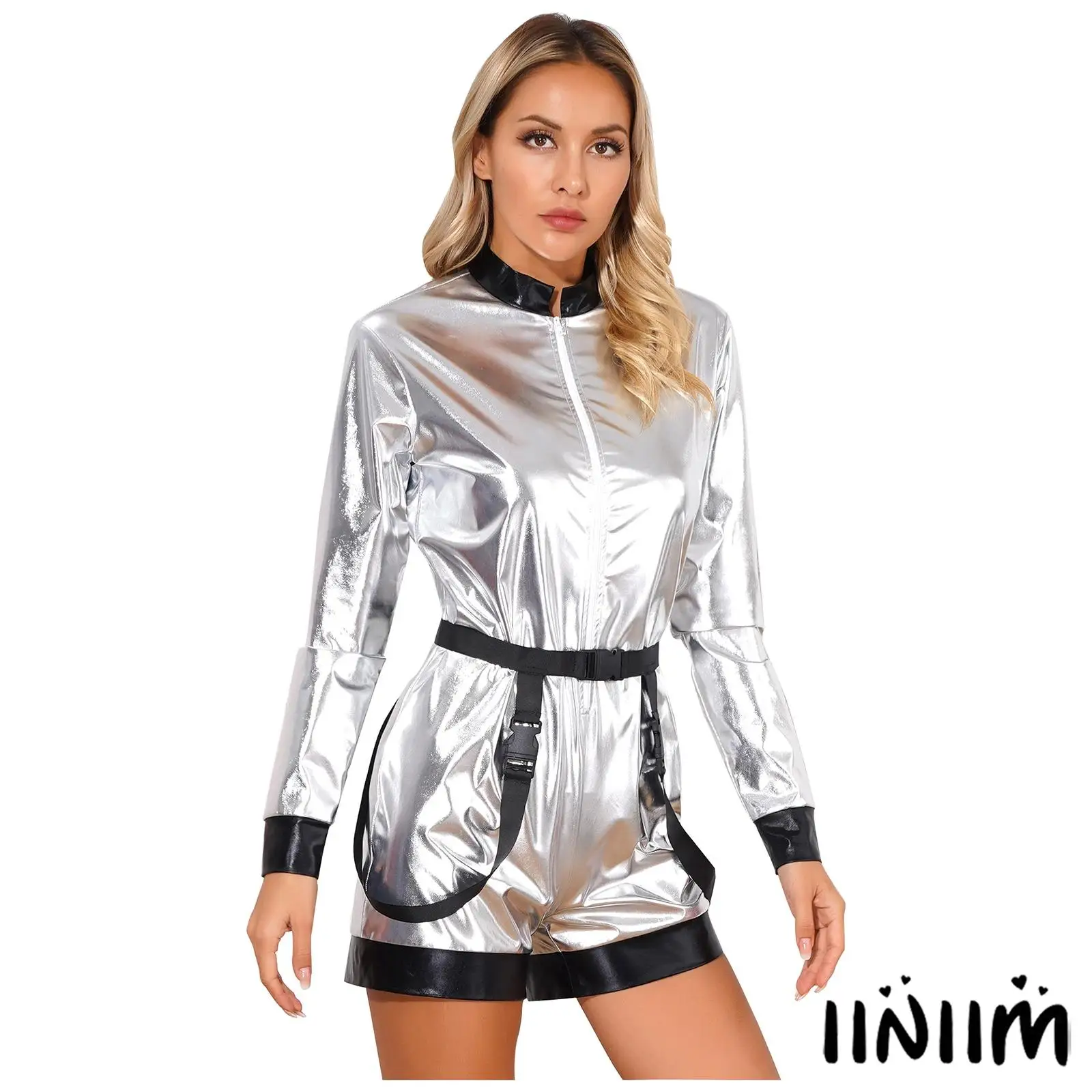 

Womens Metallic Shiny Astronaut Jumpsuit Waist Belt Front Zipper Boyshorts Bodysuit Dress-Up Costumes for Halloween Christmas