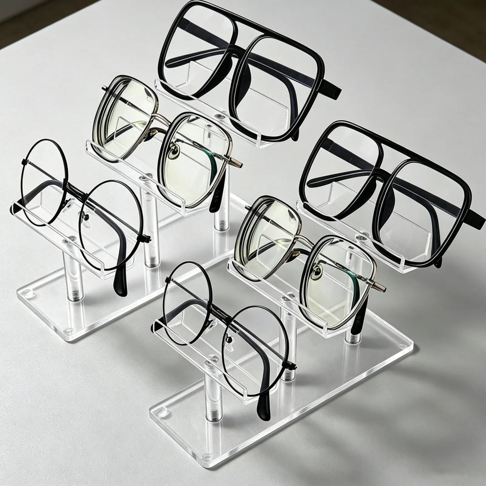 2Pcs Acrylic Eyeglasses Display Stand Tiered Organizer Rack for Glasses Sunglasses Storage Stable Non Tip Holder for Store Home