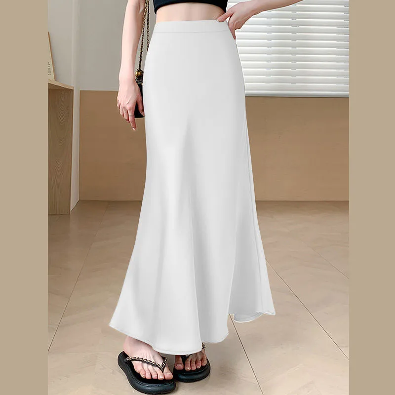 Ice Silk Satin Mermaid Skirts Woman Fashion Autumn Champagne High Waist A-line Skirt Women Cocktail Full Length Skirts Mujer