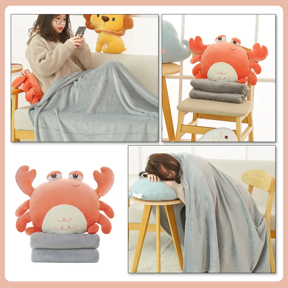 Crab Pillow Quilt Cartoon Animal Coral Fleece Blanket for Office Travel Dual Purpose Lovely Soft Foldable