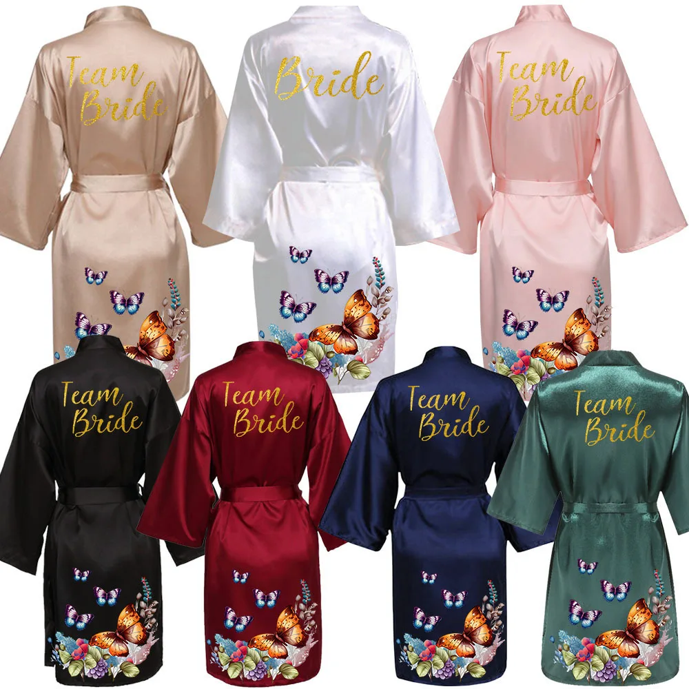 

Gold Women Silk Satin Robe Kimono Robe Fashion Bath Robe Sexy Bathrobe Femme Wedding Bride Robe
