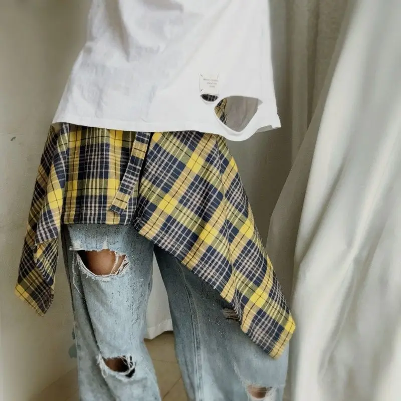 Plaid Hip Hop Irregular Men and Women Fake Shirt Hem Spring Autumn False Shirt Skirt Half-body Denim Skirts Womens Jupe Saia