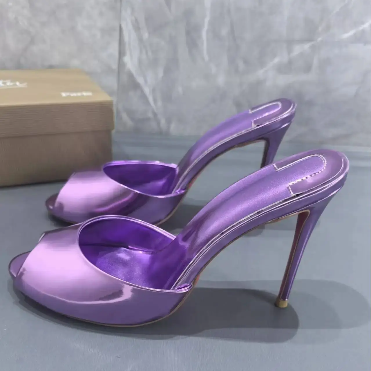 

Stiletto 10cm High Heels Slingback Slip On Summer Sandals Female Sexy Elegant Peep Toe Purple Patent Leather Women’s Slippers