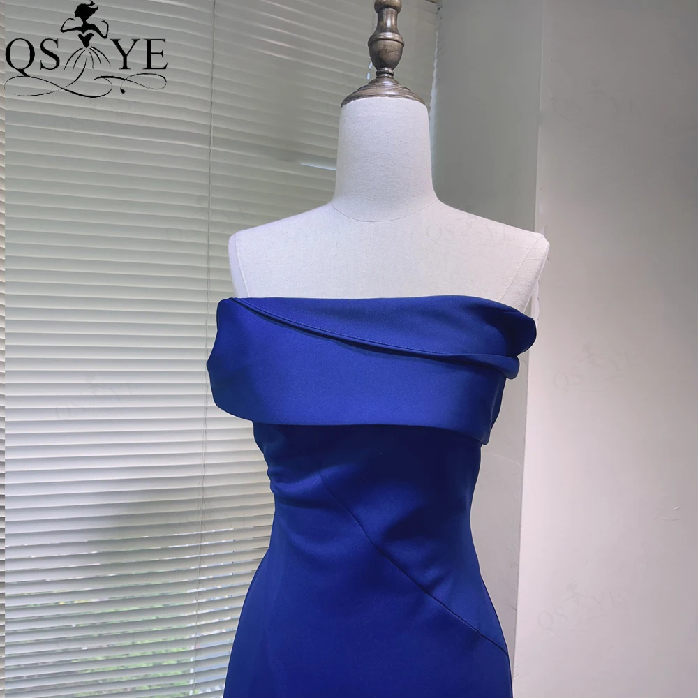 QSYYE-Robe de Soirée Sirène en Satin artificiel astique, Décolmétrage Sans Bretelles, Ajustée, Fente Latérale, Bleu Marine