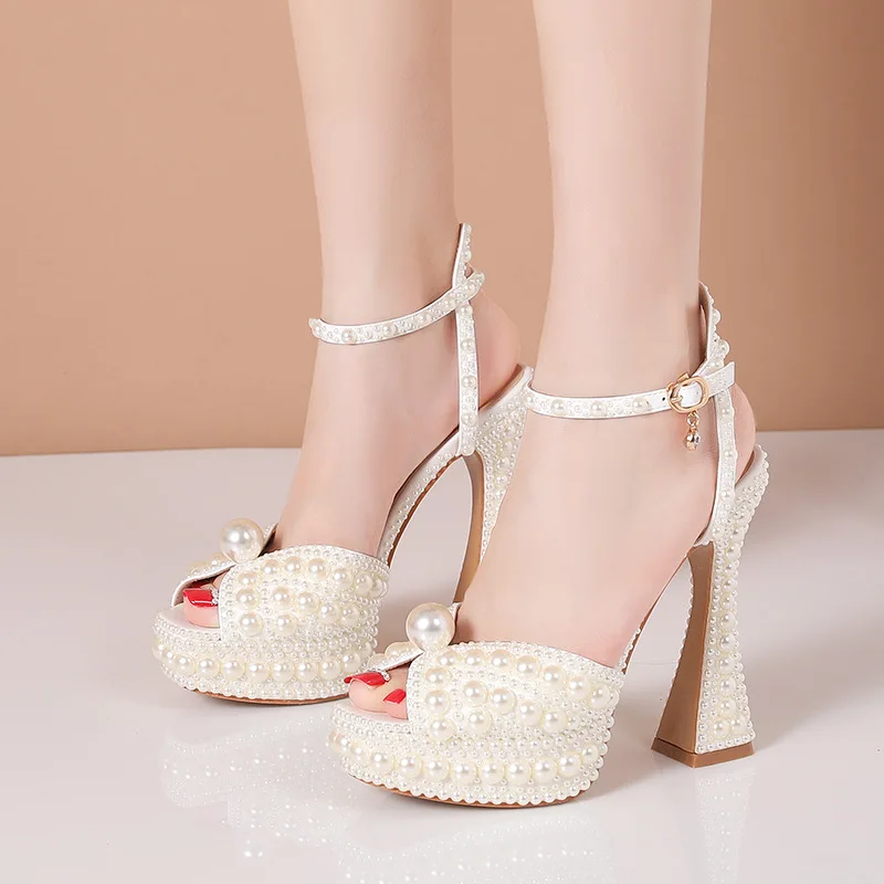 Elegant Large Pearl White Wedding Shoes Women\'s Sandals Fashion Open Toe Heels Luxury Rhinestone Heels Bridal Party Prom Shoes