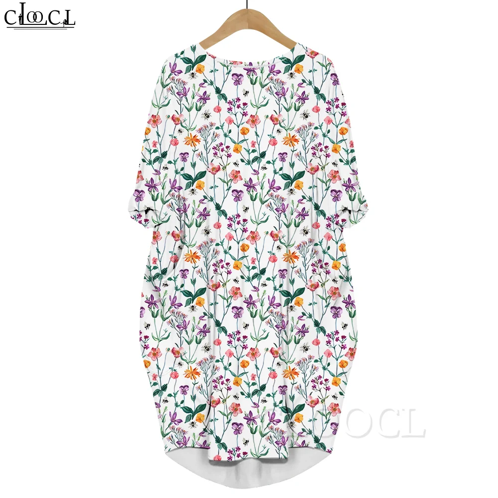 

CLOOCL Women Dress Vintage Flower 3D Graphics Printed Loose Daughter Dresses Long Sleeve Fashion Gown Pocket Dress White Dress