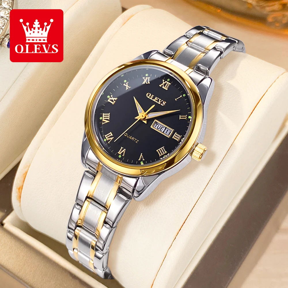 OLEVS 5568 Luxury Quartz Watch for Woman Luminous Date Week Waterproof Steel Strap Original Fashion Ladies Wristwatches