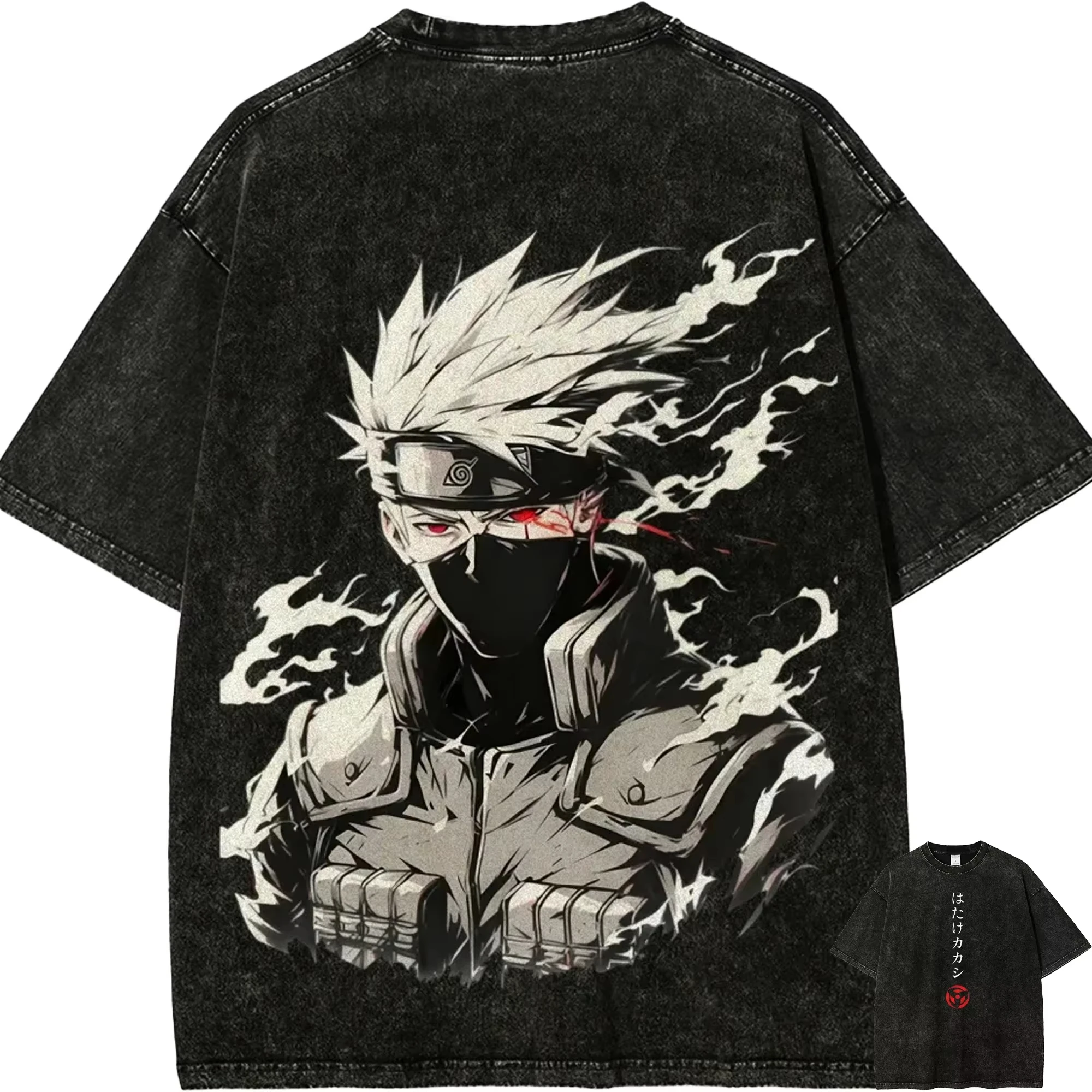 Naruto Kakashi Hatake T-Shirt Sharingan Auge Vintage Acid Wash Streetwear Retro Anime Grafik Baumwolle Herren T-Shirts Top 2026 Sommer Neu