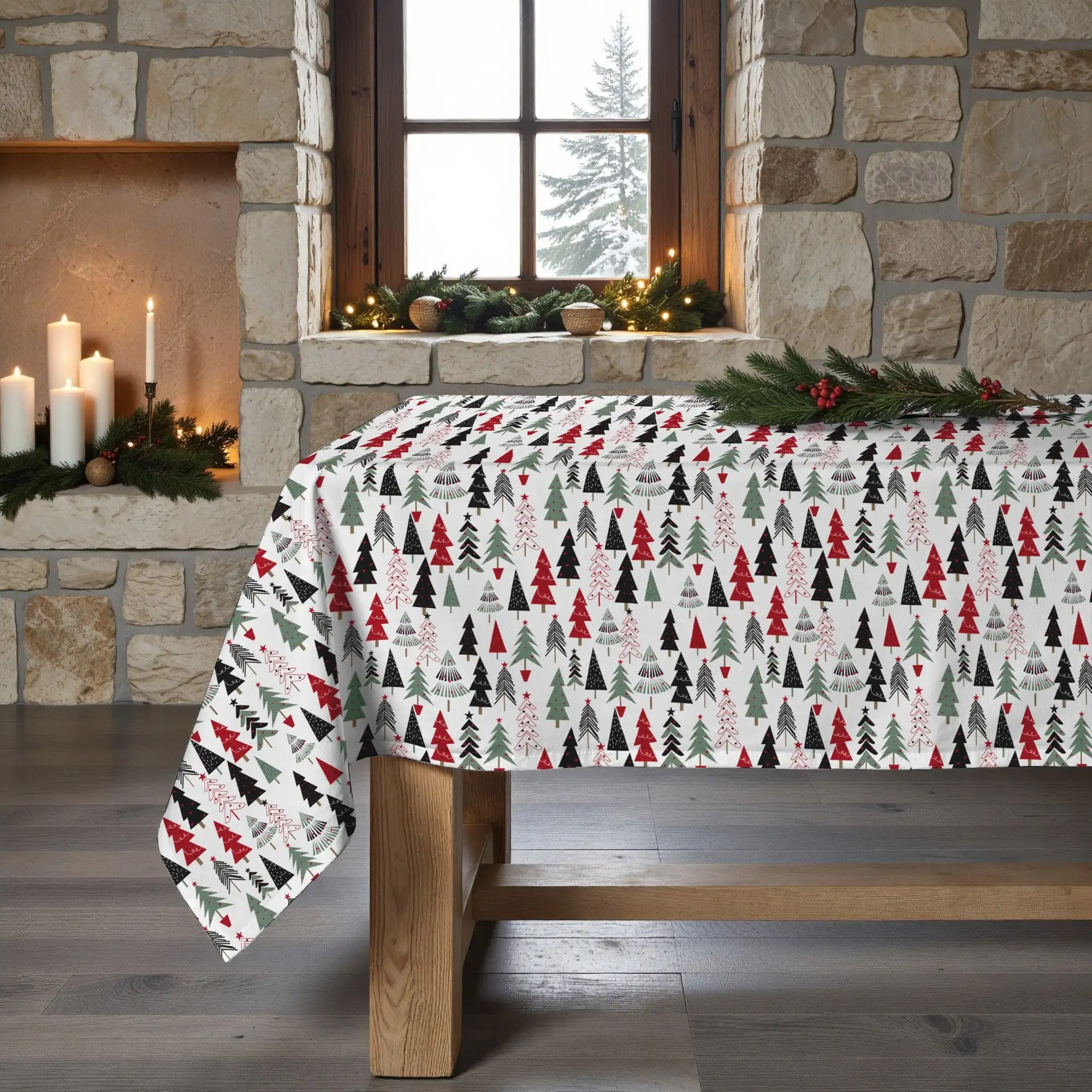 Mantel Colección Merry Christmas de Navidad - 100% algodón - Impermeable para la mesa de la cocina y comedor