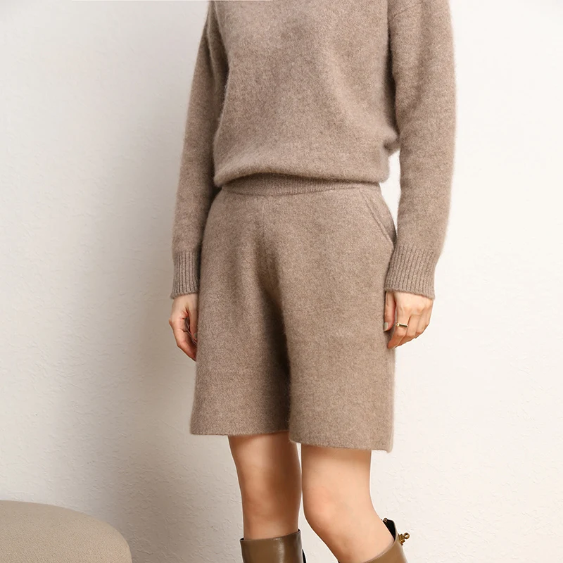 Autumn and Winter Women 100% Cashmere Short Trousers Soft Comfortable High-Waist Knitted Pants Lady Cashmere Thicken Solid Short