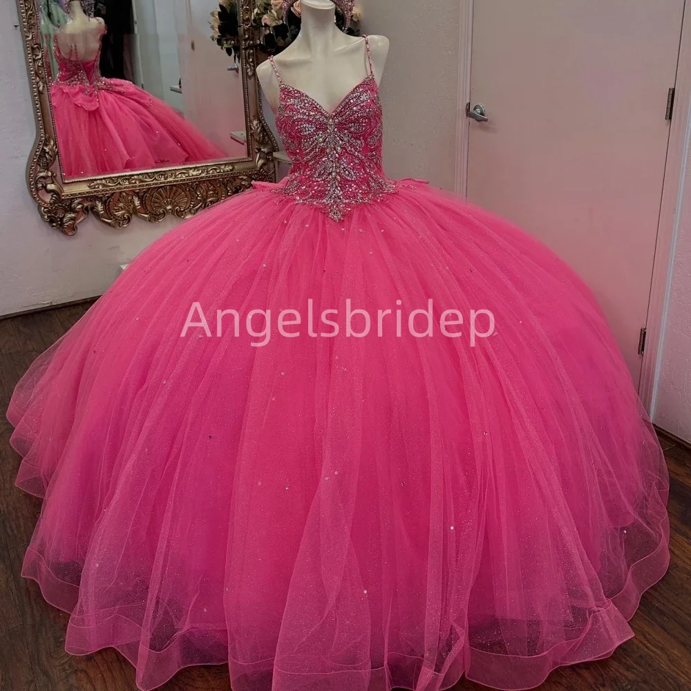 Angelsbride Charming Hot Pink Quinceanera Dresses Ball Gown Beading Spaghetti Straps Mexican Sweet 16 Vestidos De 15 Anos