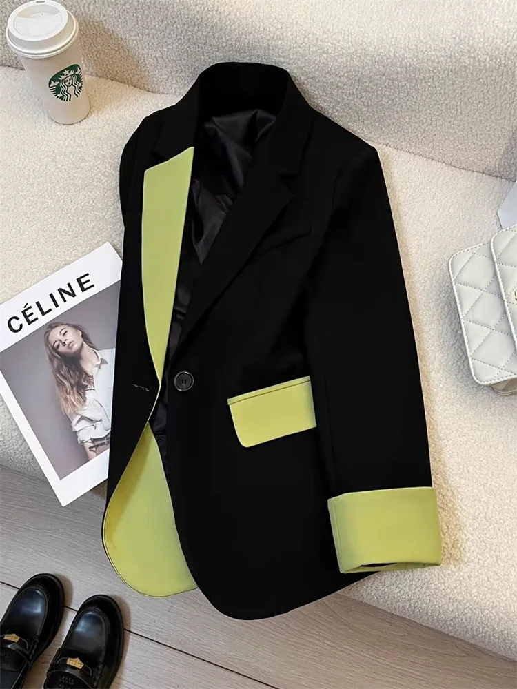 Color Block Women Blazers Elegant Casual Fashion Blazer Patchwork Loose Office Lady Płaszcze z długim rękawem Jesień Zima