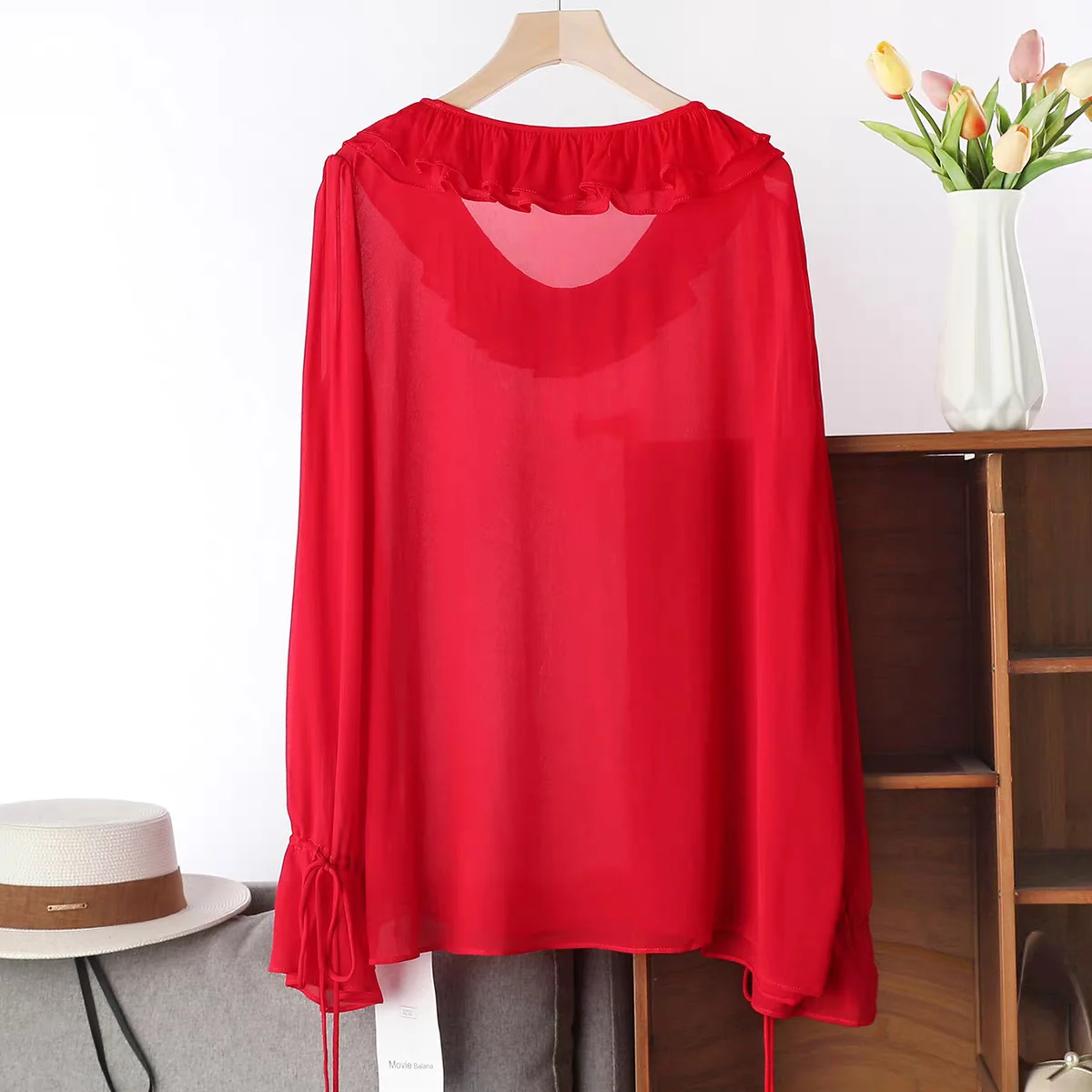 Fashion Sweet Women's Long Sleeve ruffle collar Chiffon Shirt  Bowtie Elegant Lady's Tops Plus-size sexy see-through shirts