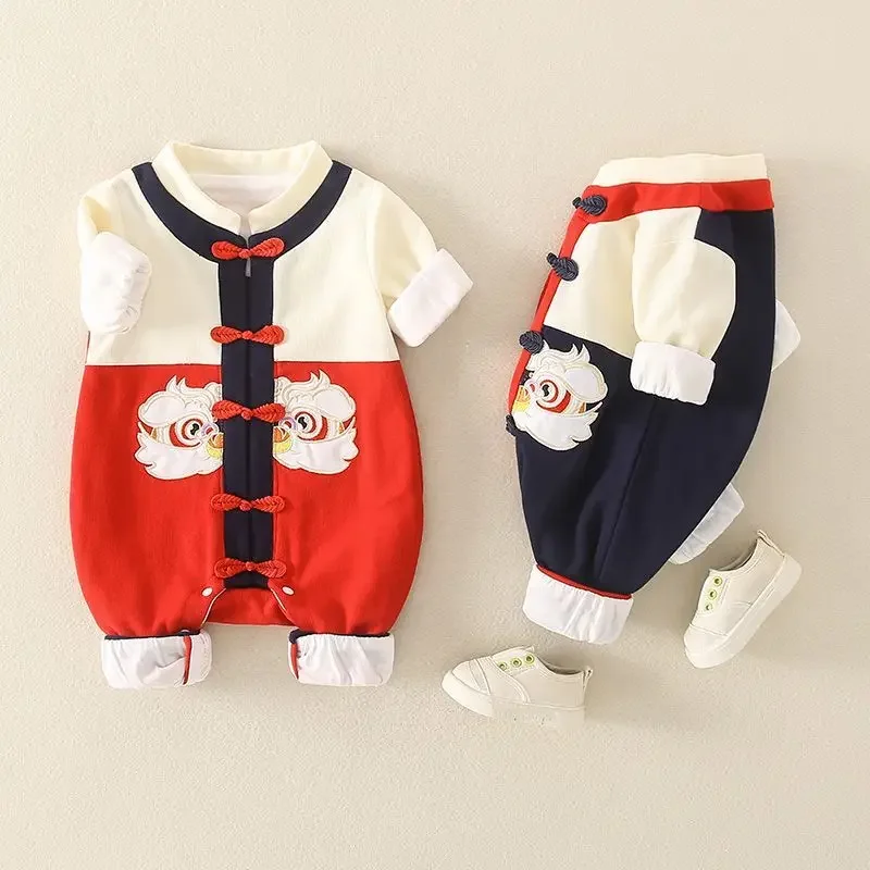 2024 Spring Autumn Cartoon Double Layer Cotton Newborn Baby Jumpsuit Chinese Style Buckle Outing Romper Boy Girl Birthday Gifts