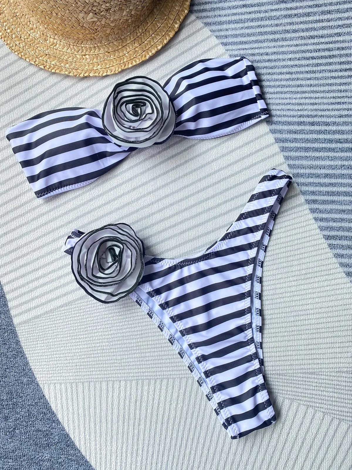 Sexy Flower Striped Print Bandeau Bikinis Sets Mujer Micro Thong Swimsuits Women Swimwear High Cut Bathing Suit Bikini Beachwear